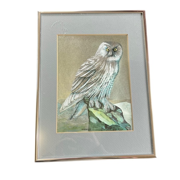 Vintage 70s Silver Framed Metallic Owl Art Framed Owl Print Holographic Image